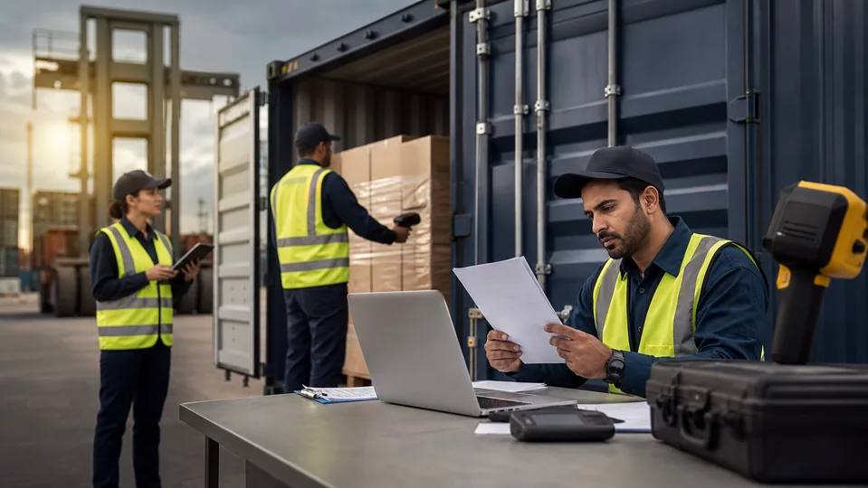 Customs team inspecting cargo and clearance documents