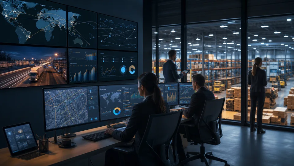 Digital logistics control room monitoring global shipments