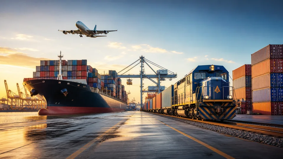 Cargo ship, aircraft and freight train at an international logistics hub