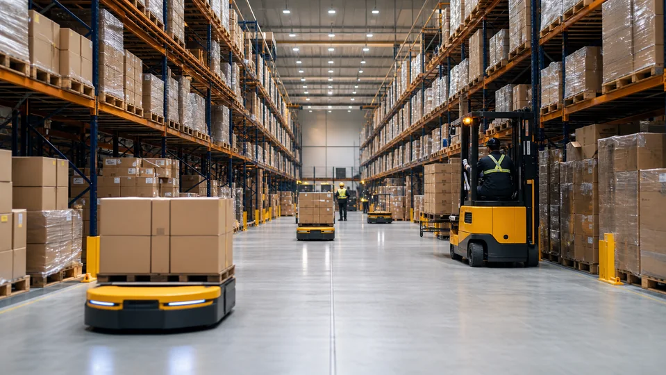 Organized overseas warehouse with automated handling equipment